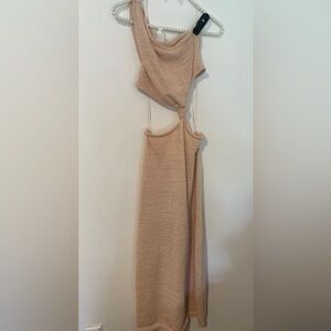 Line & Dot Tan Asymmetrical Ribbed Midi Dress